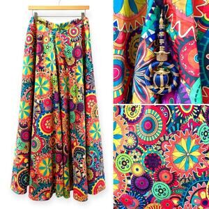 Handmade Vibrant Satin Floral Patterned Full Length Maxi Skirt, Women's Large